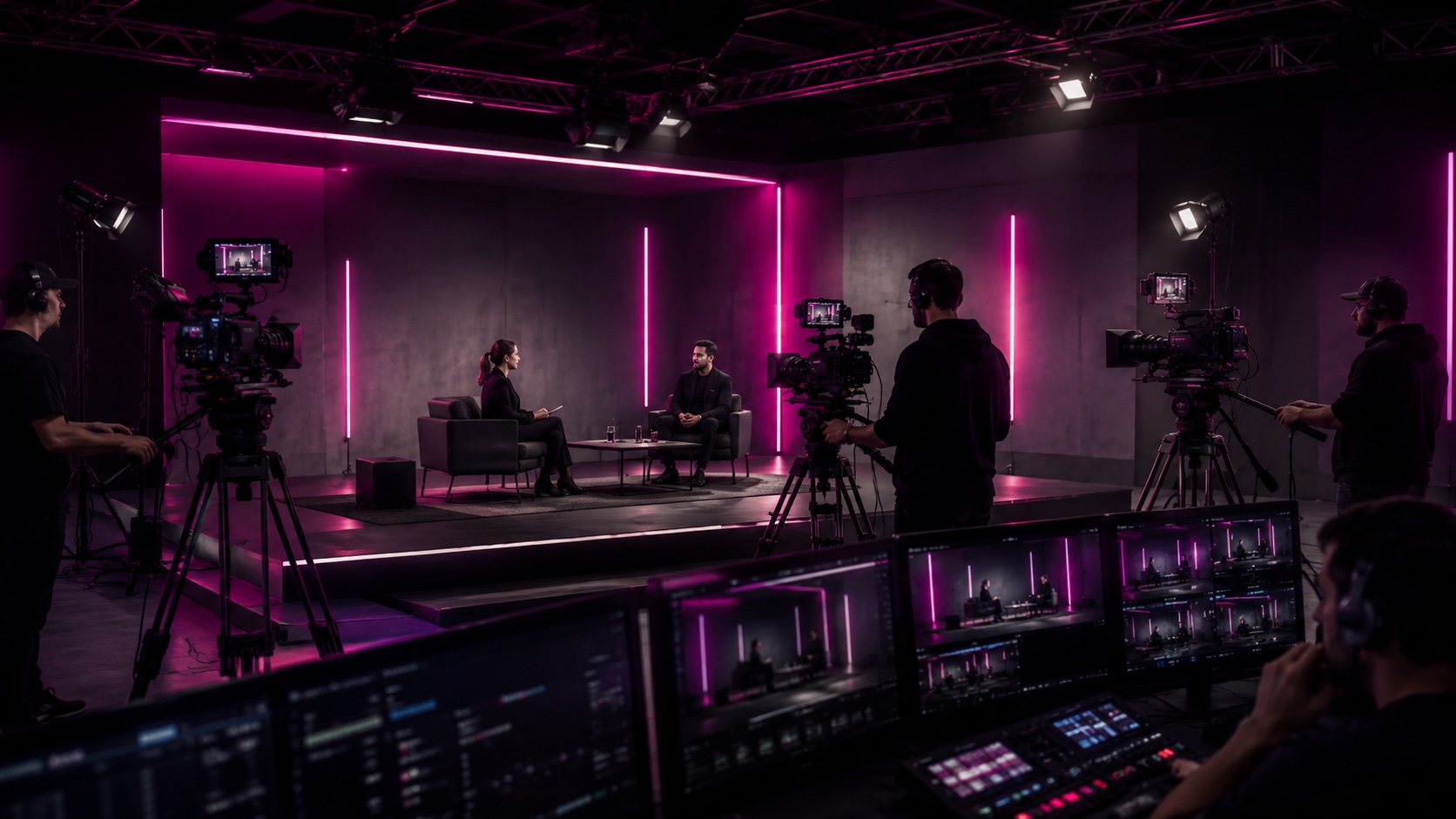 Un plateau de télévision en tournage, trois caméras et la régie au premier plan