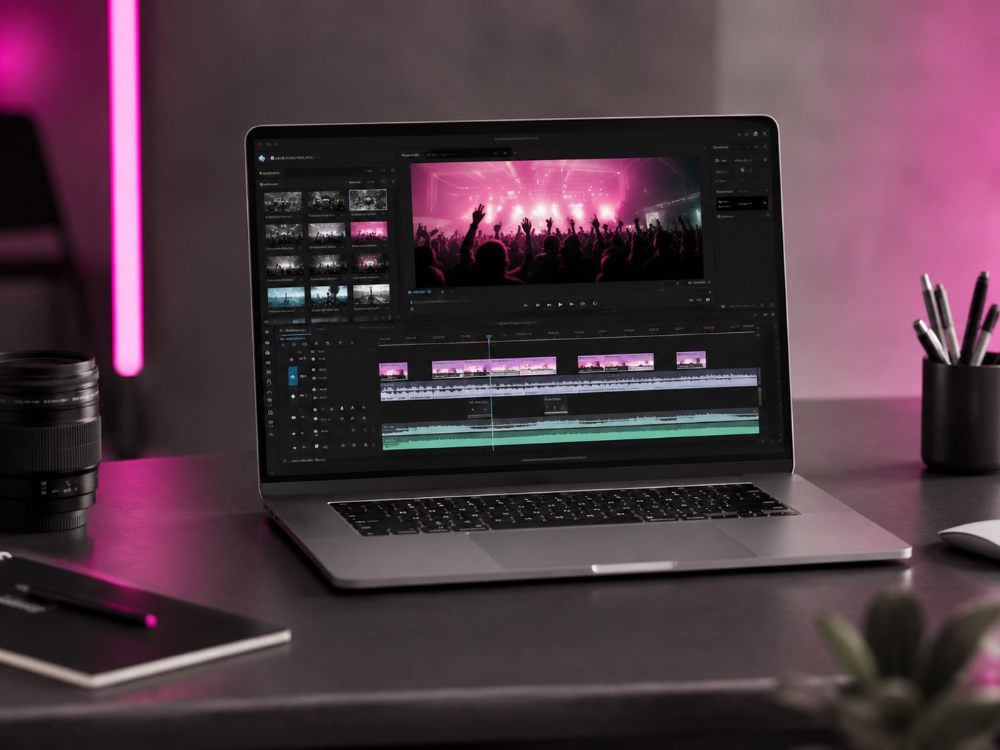 Un montage vidéo en cours sur un ordinateur portable, images de concert sur la timeline