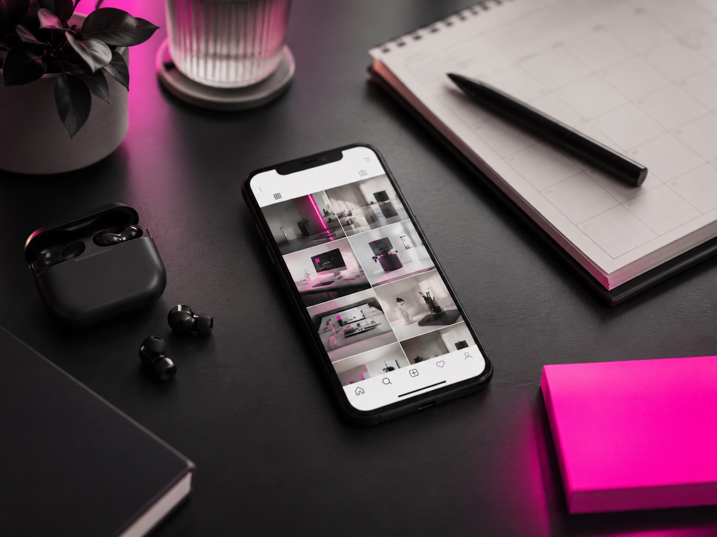 Un téléphone ouvert sur une grille de publications Instagram